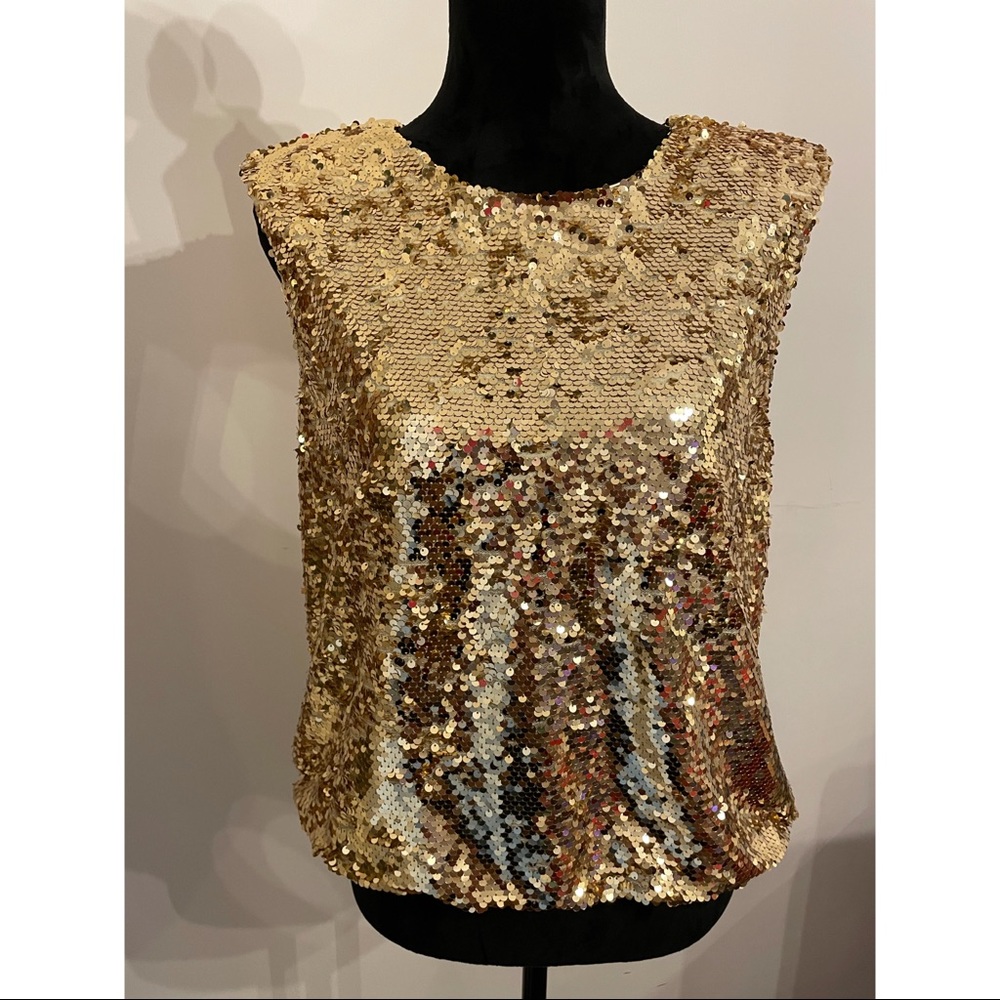 ✨🆕Andrew Marc Women’s Gold Sequined Sleeveless Top, Sz M
